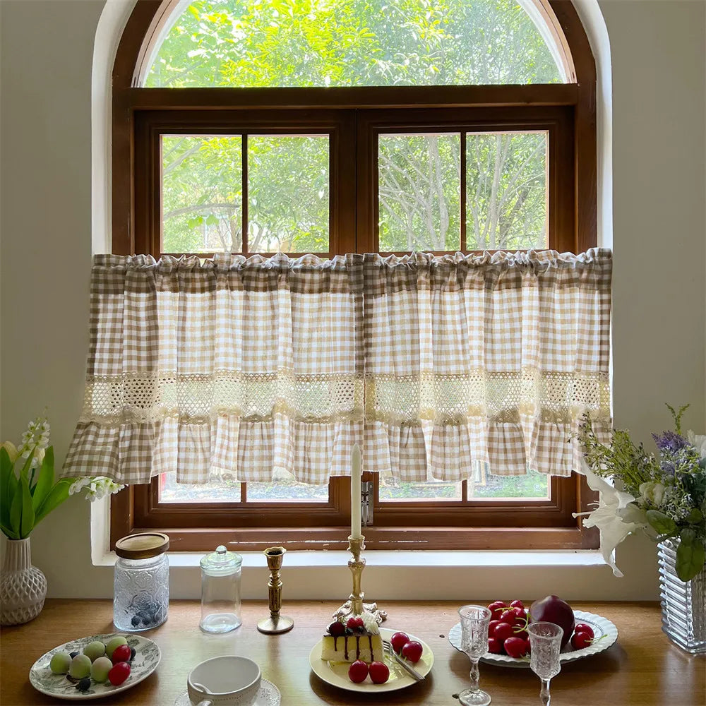 Beige Gingham Crochet Lace Cafe Curtain