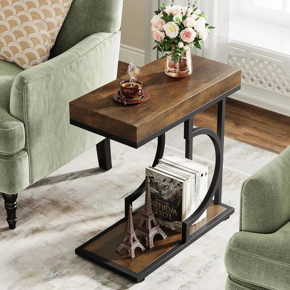 C-Shaped Narrow Side Table | Brown & Black Metal Frame | Bedside & Couch Table