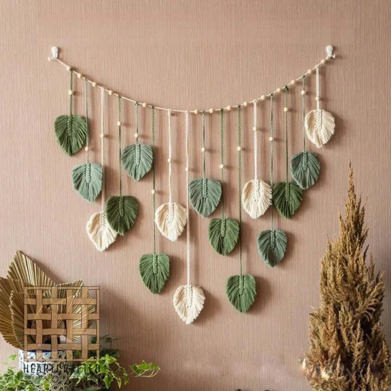 120x75cm Bohemian Wall Hanging Leaves Tassels Tapestry Panel Macrame Green Leaf Chic Home Decor Ornaments bedroom Christmas Gift