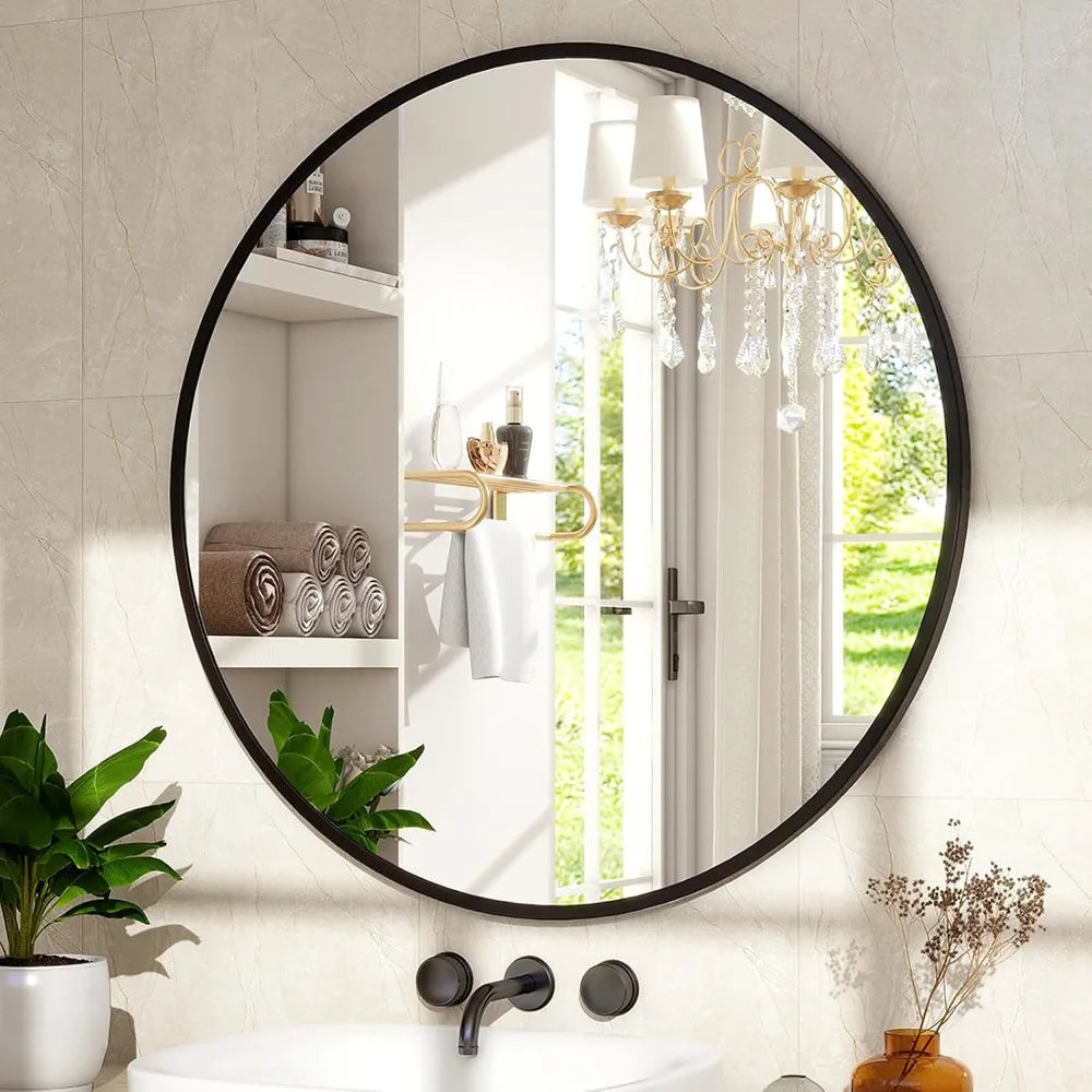 30" Round Wall Mirror | Matte Black Metal Frame for Bathroom, Entryway & Living Room