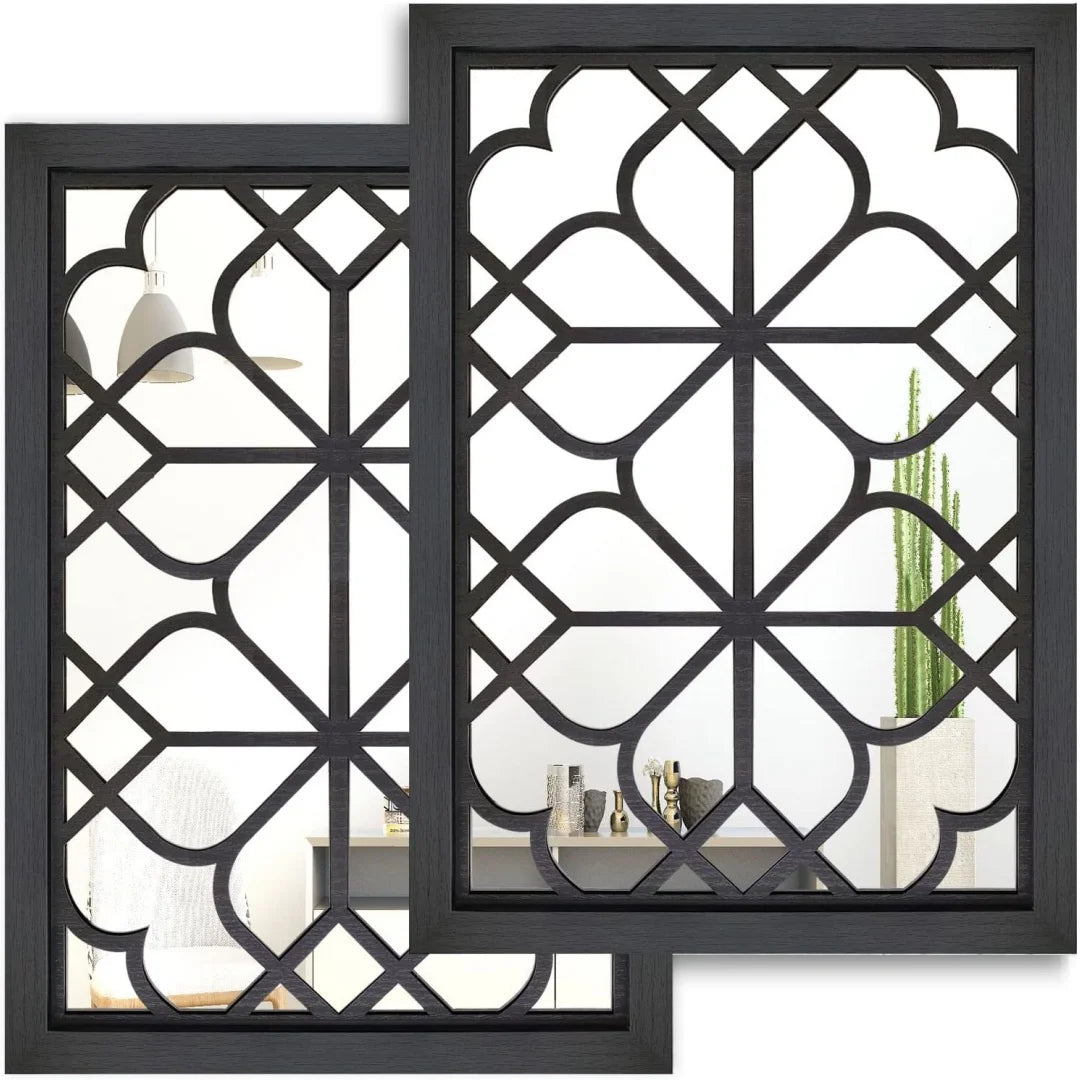 Retro Wooden Acrylic Wall Mirror – Set of 2