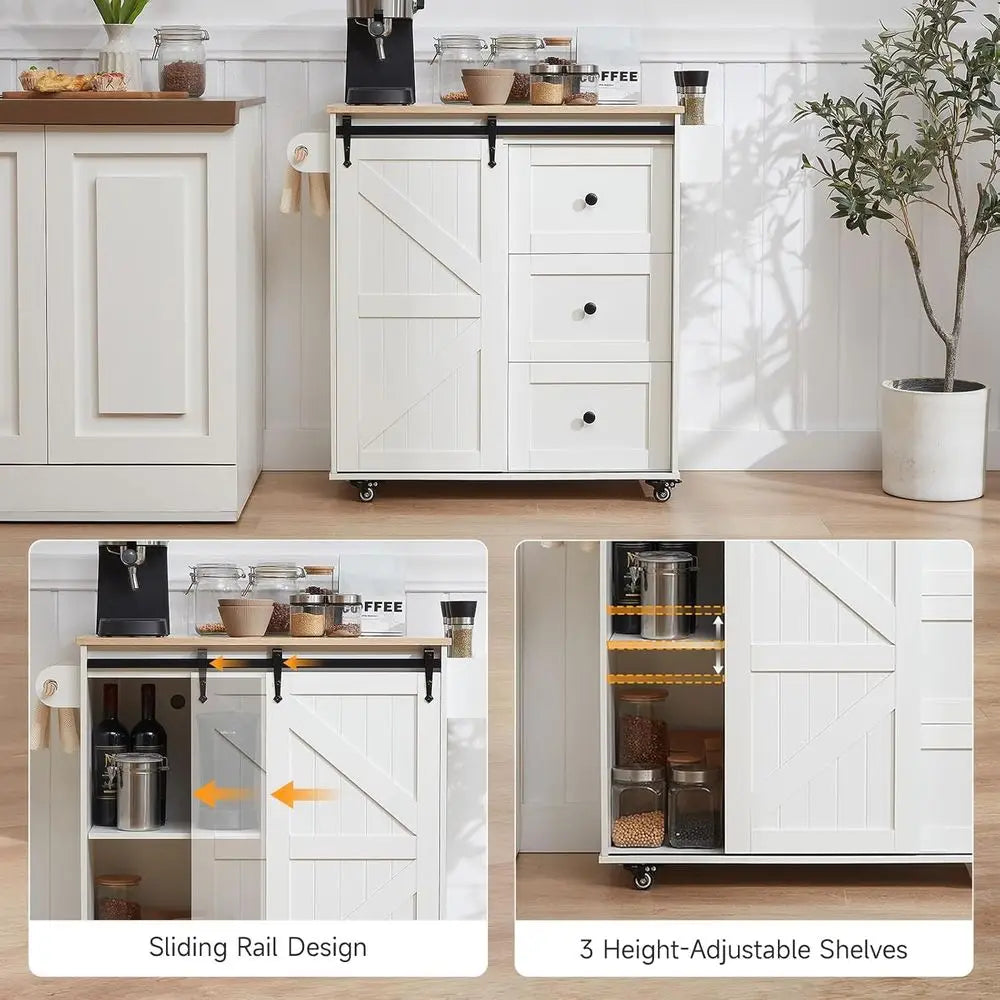 31.5" Kitchen Island with Drop Leaf, Power Outlet & Sliding Barn Door | 3 Drawers, Spice Rack & Towel Bar