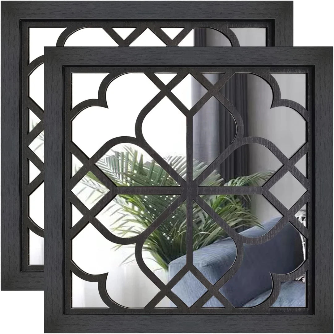 Retro Wooden Acrylic Wall Mirror – Set of 2