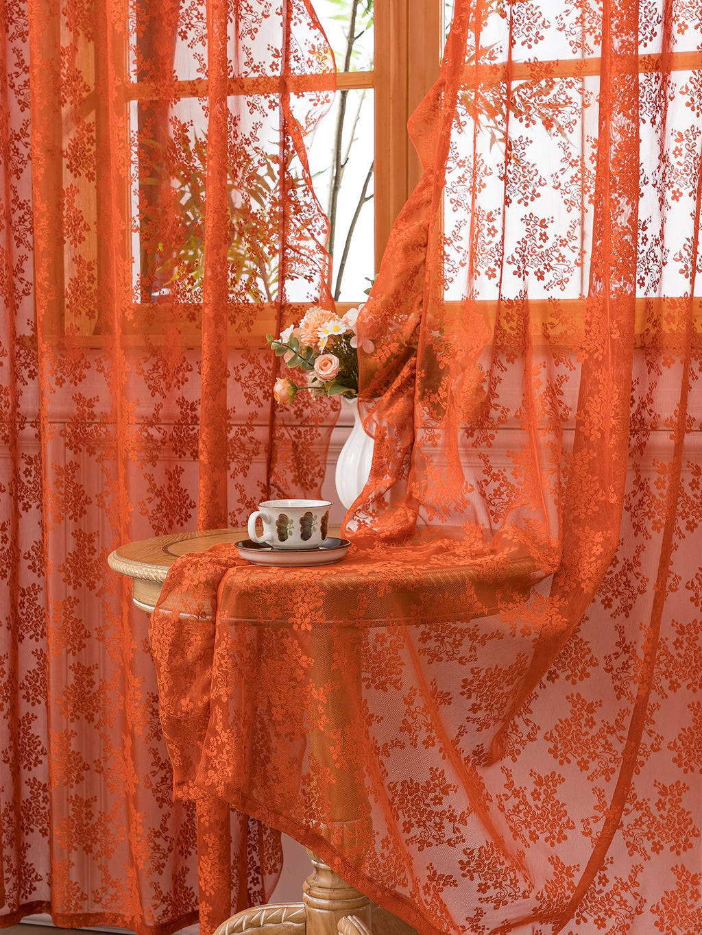 Premium Boho Burnt Orange Sheer Curtains - Vintage Floral Lace Window Treatments with Scalloped Edge