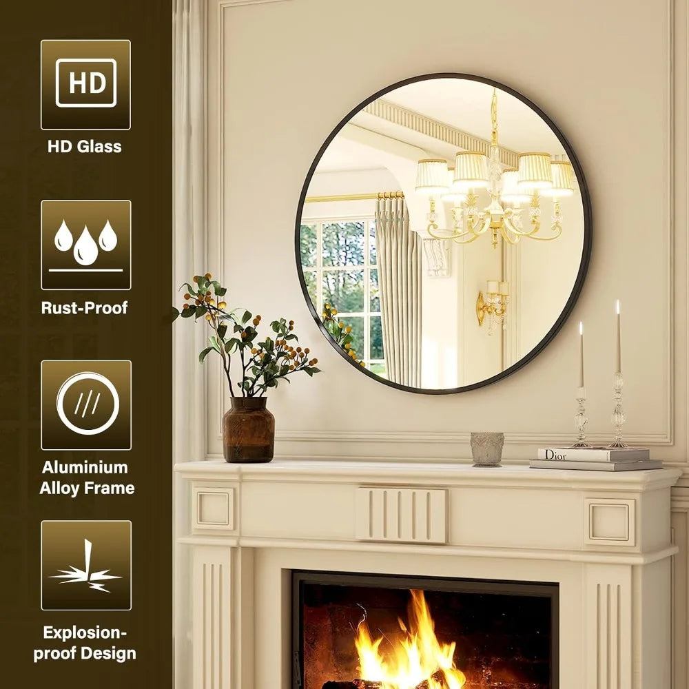 30" Round Wall Mirror | Matte Black Metal Frame for Bathroom, Entryway & Living Room