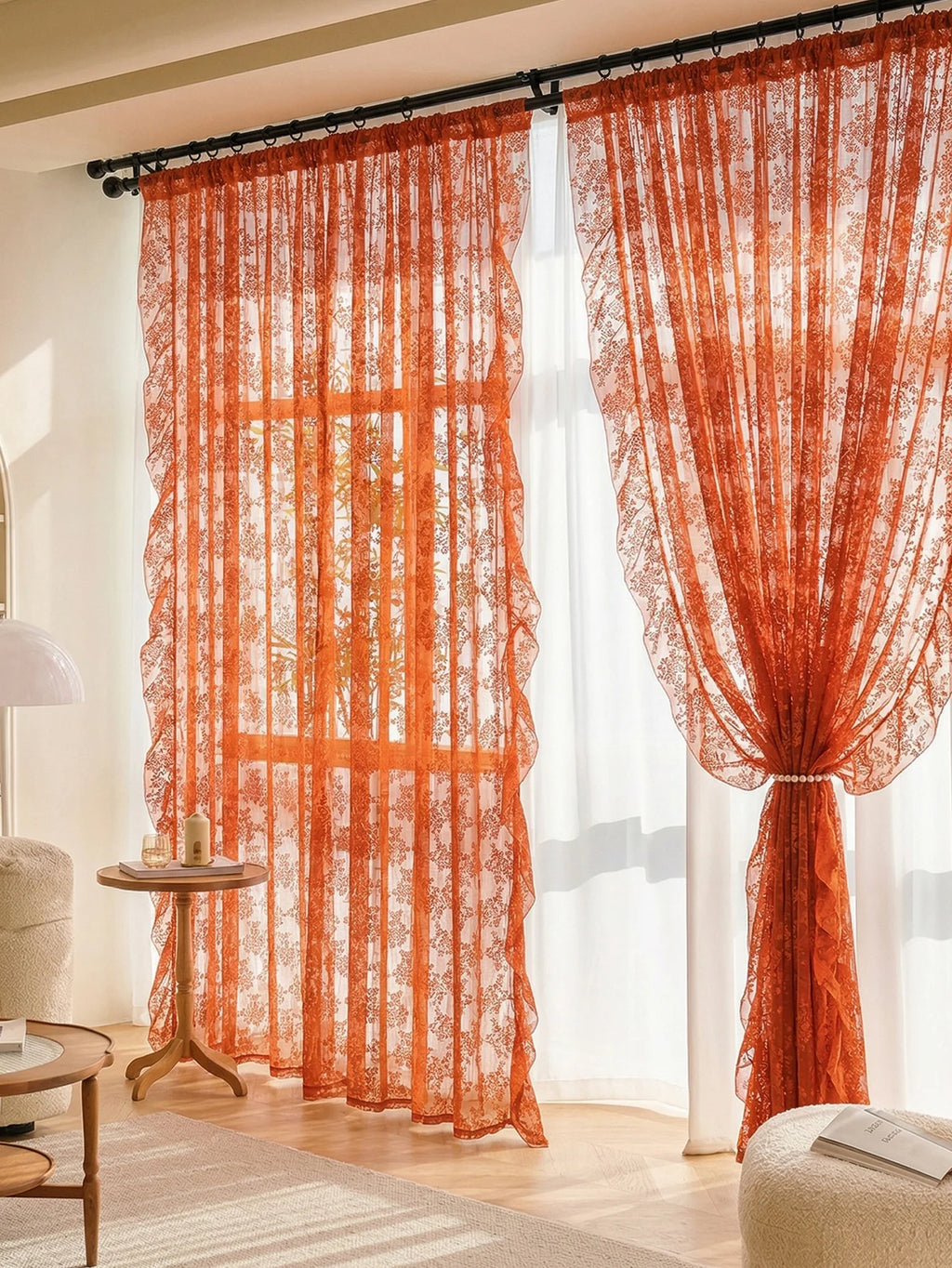 Premium Boho Burnt Orange Sheer Curtains - Vintage Floral Lace Window Treatments with Scalloped Edge
