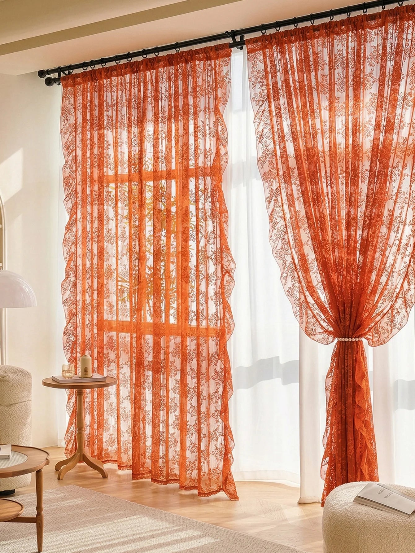 Premium Boho Burnt Orange Sheer Curtains - Vintage Floral Lace Window Treatments with Scalloped Edge