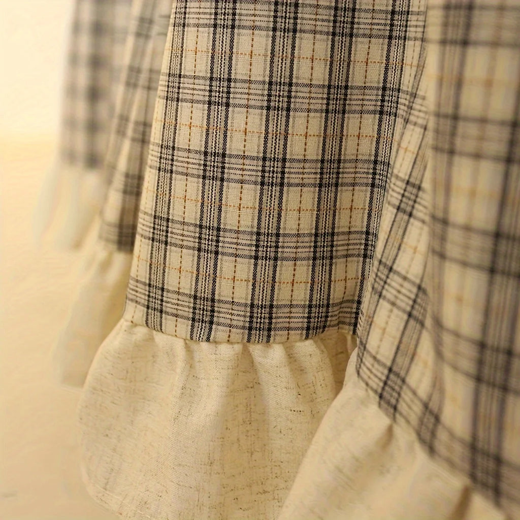 Linen Ruffled Grid Half Curtain with Rod