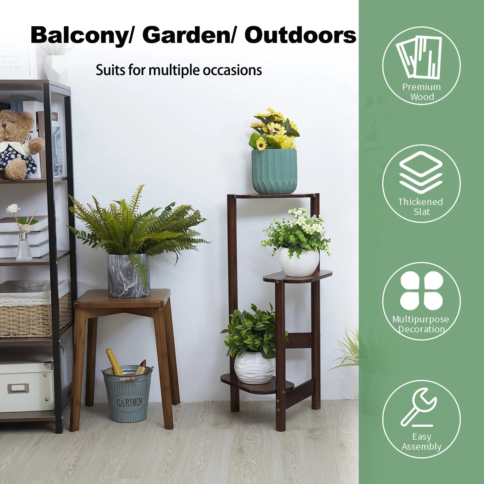 3 Tier Bamboo Tall Corner Plant Rack Planter Stand Flower Pot Holder Storage Rack for Balcony Garden
