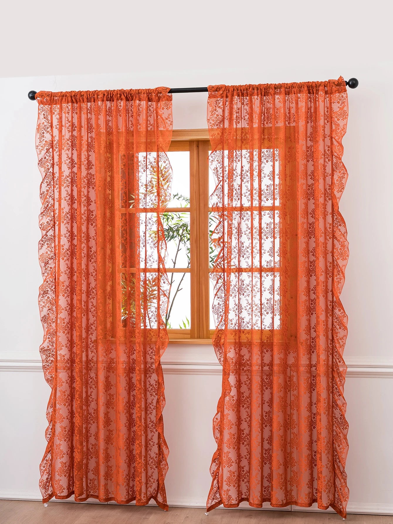Premium Boho Burnt Orange Sheer Curtains - Vintage Floral Lace Window Treatments with Scalloped Edge