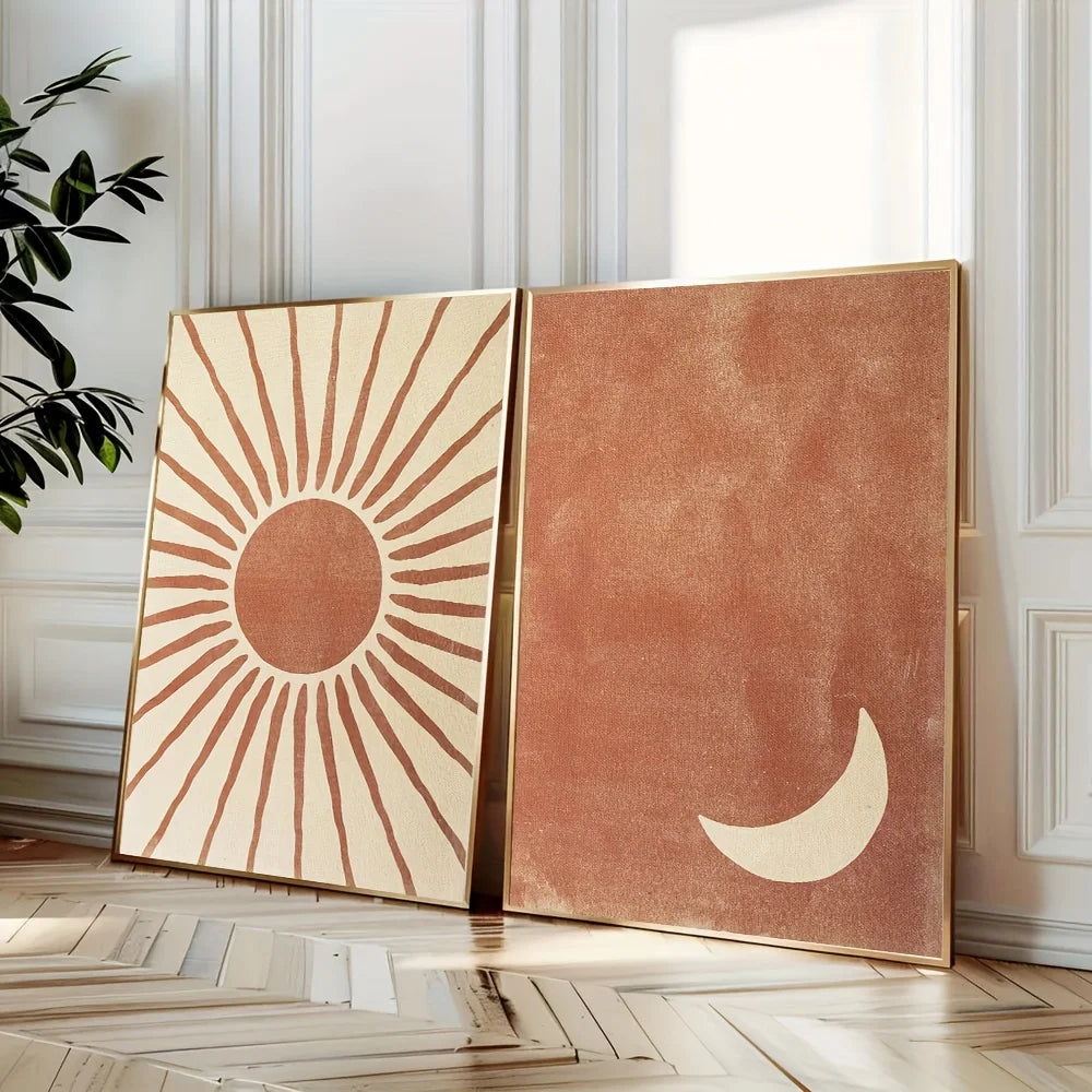 2pcs/set Boho Moon Sun Canvas Print Poster Modern Minimalist Abstract Art Prints Bedroom Wall Art Autumn Home Decor Art Poster