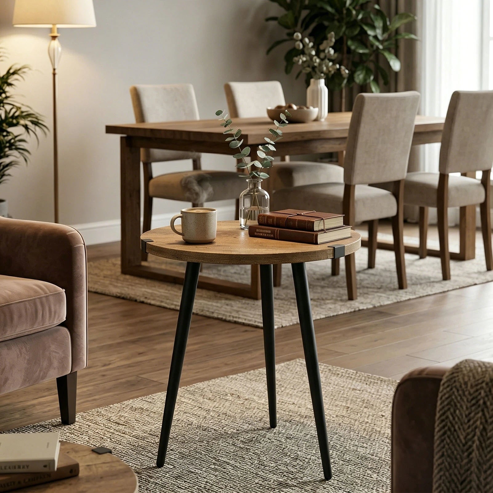 Mid Century Modern Round Coffee Table | 2-Tier Oak Finish | 23.6" | Metal Frame