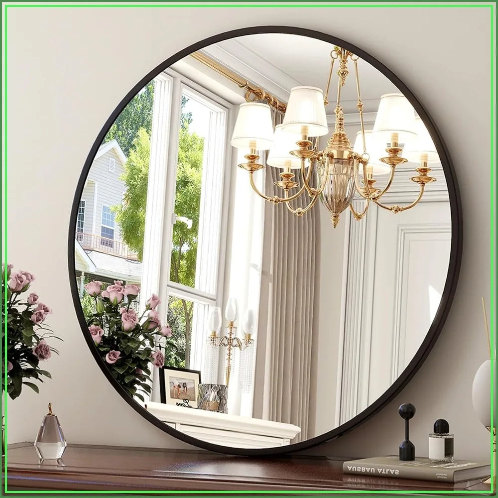 30" Round Wall Mirror | Matte Black Metal Frame for Bathroom, Entryway & Living Room