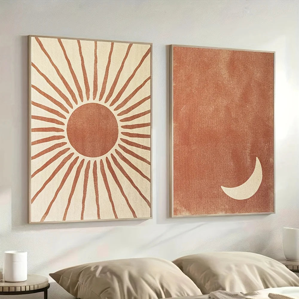 2pcs/set Boho Moon Sun Canvas Print Poster Modern Minimalist Abstract Art Prints Bedroom Wall Art Autumn Home Decor Art Poster