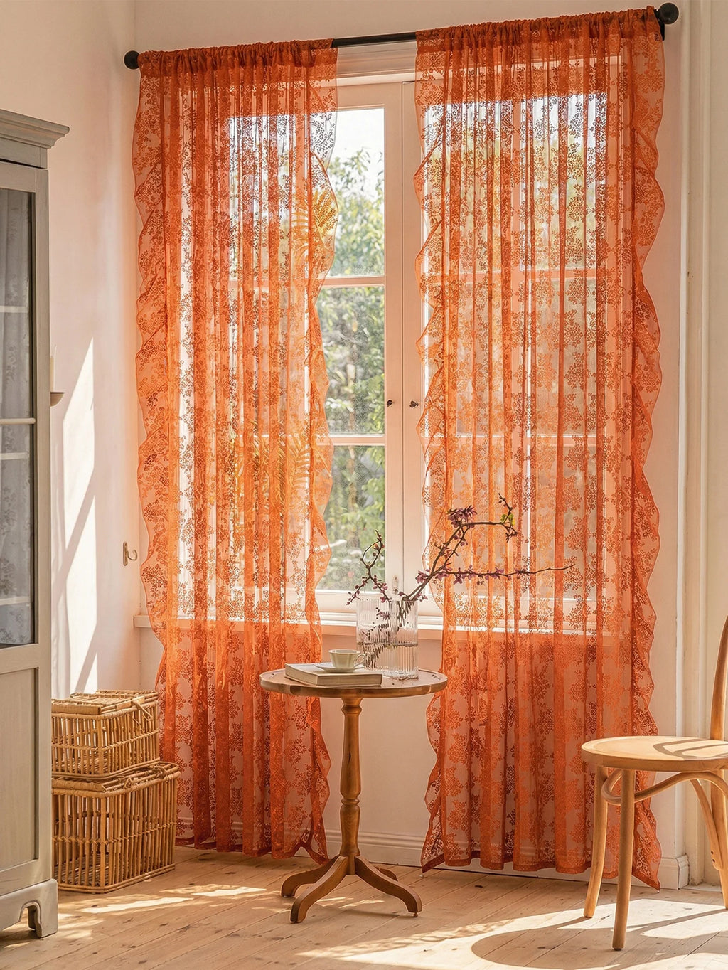 Premium Boho Burnt Orange Sheer Curtains - Vintage Floral Lace Window Treatments with Scalloped Edge