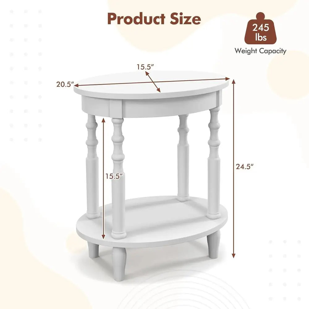 2-Piece Oval End Table Set | 2-Tier Storage Side Tables with Solid Wood Legs | White