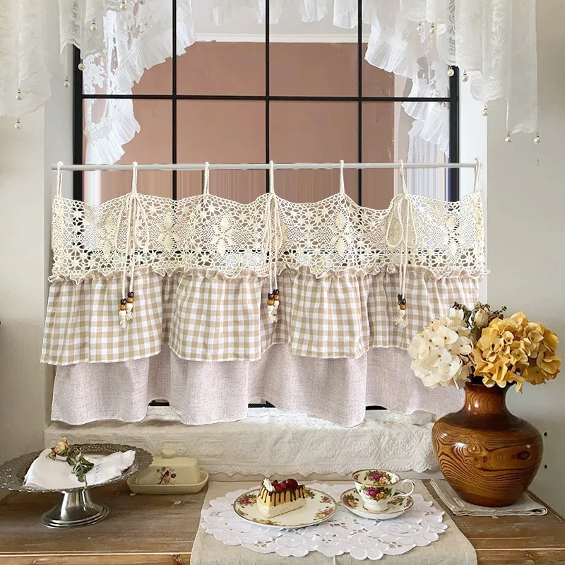 Plaid Ruffled Crochet Cafe Curtain
