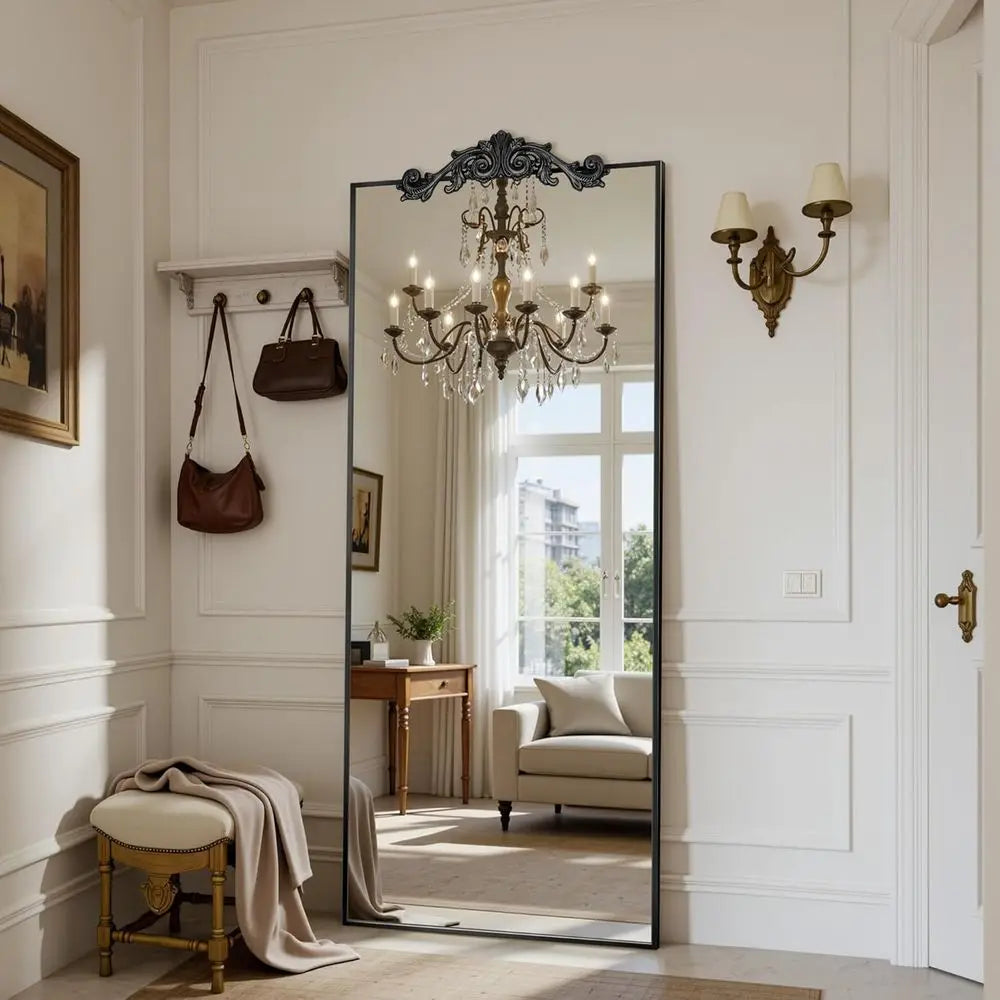 65" x 22" Large Arched Floor Mirror | Black | Bedroom, Living Room & Cloakroom