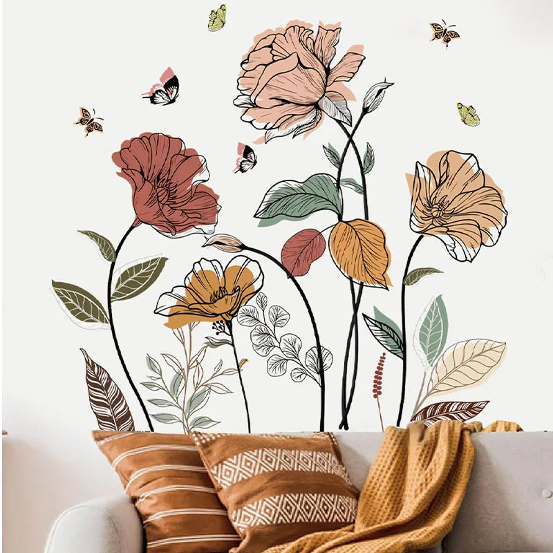 1 Set Bohemian Flower Wall Stickers, Wild Flowers, Grasses, Fruits And Leaves, And Stick-on Wall Art Decals, For Living Room, Be