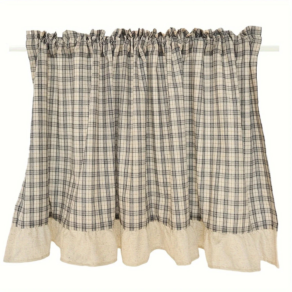 Linen Ruffled Grid Half Curtain with Rod