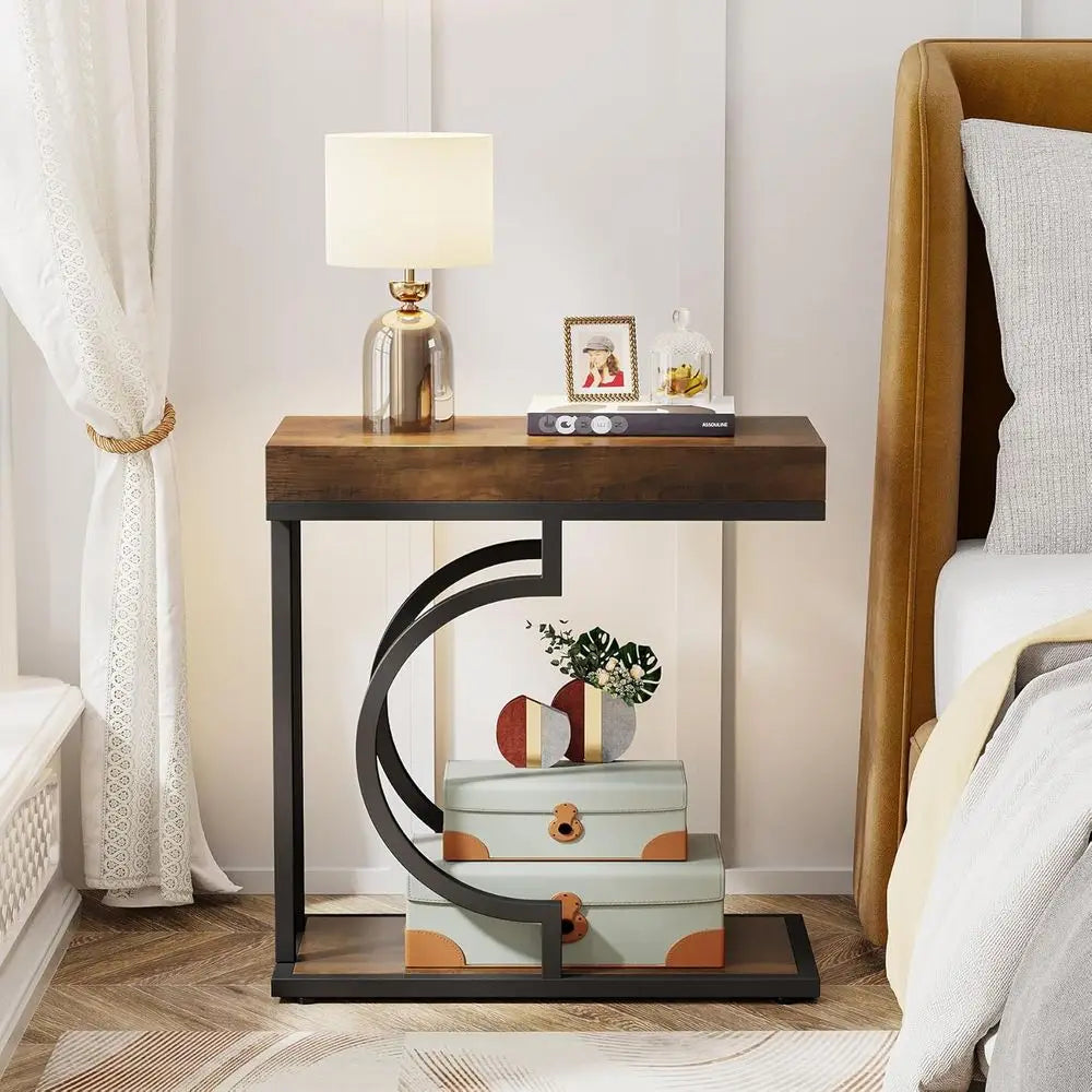 C-Shaped Narrow Side Table | Brown & Black Metal Frame | Bedside & Couch Table