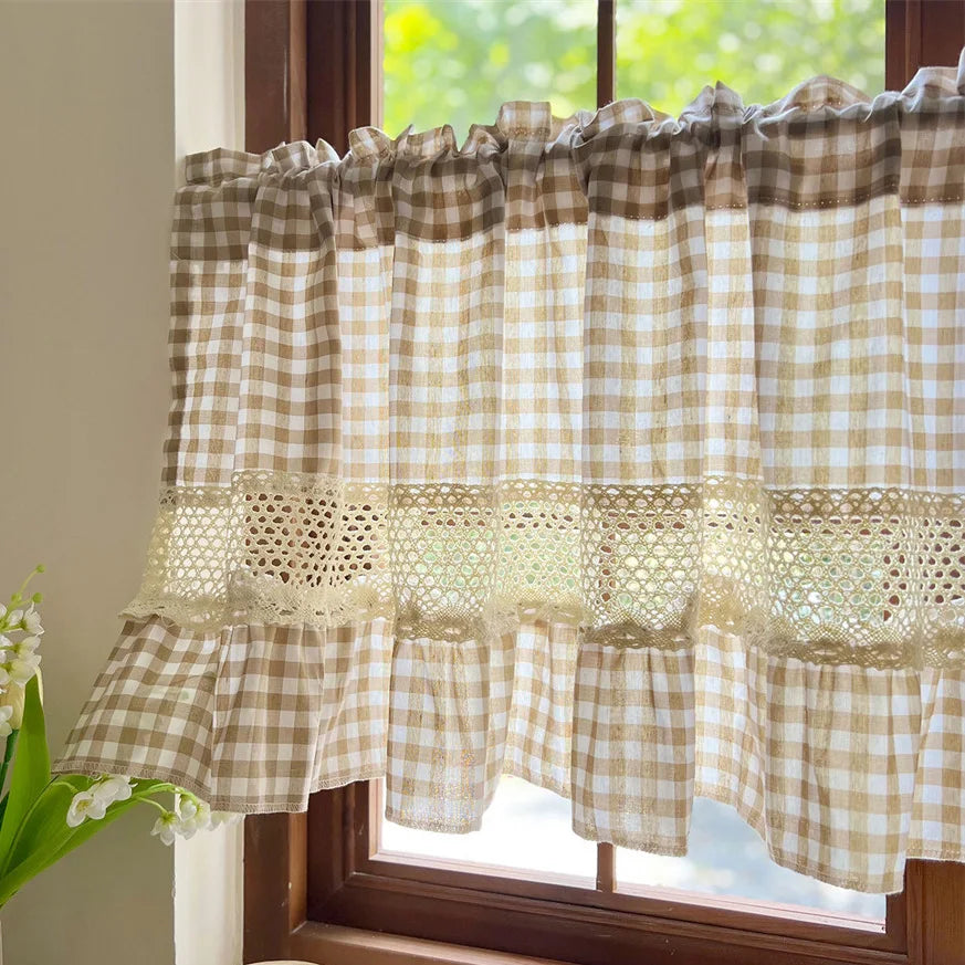 Beige Gingham Crochet Lace Cafe Curtain
