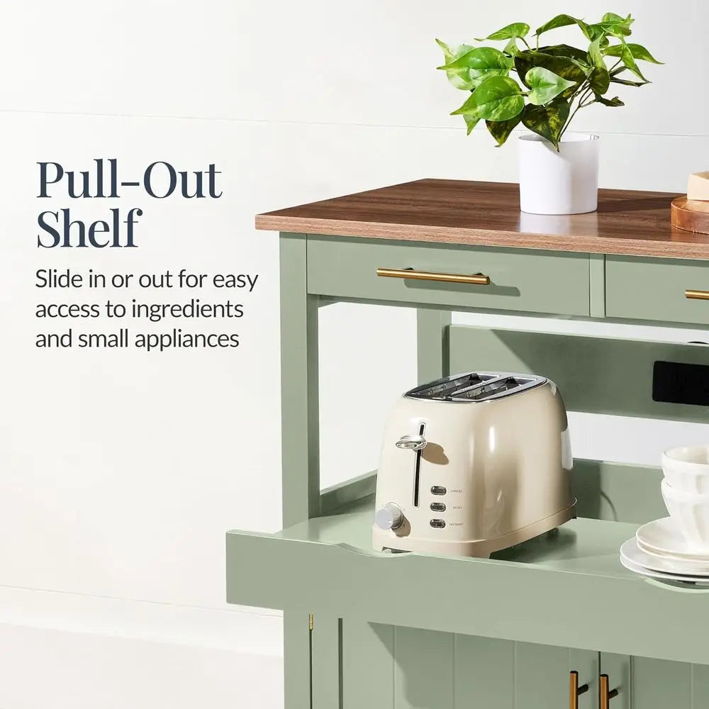36" Rolling Kitchen Island Cart with Cabinet, Drawers, Pull-Out Shelf & Power Outlet | Lockable Wheels