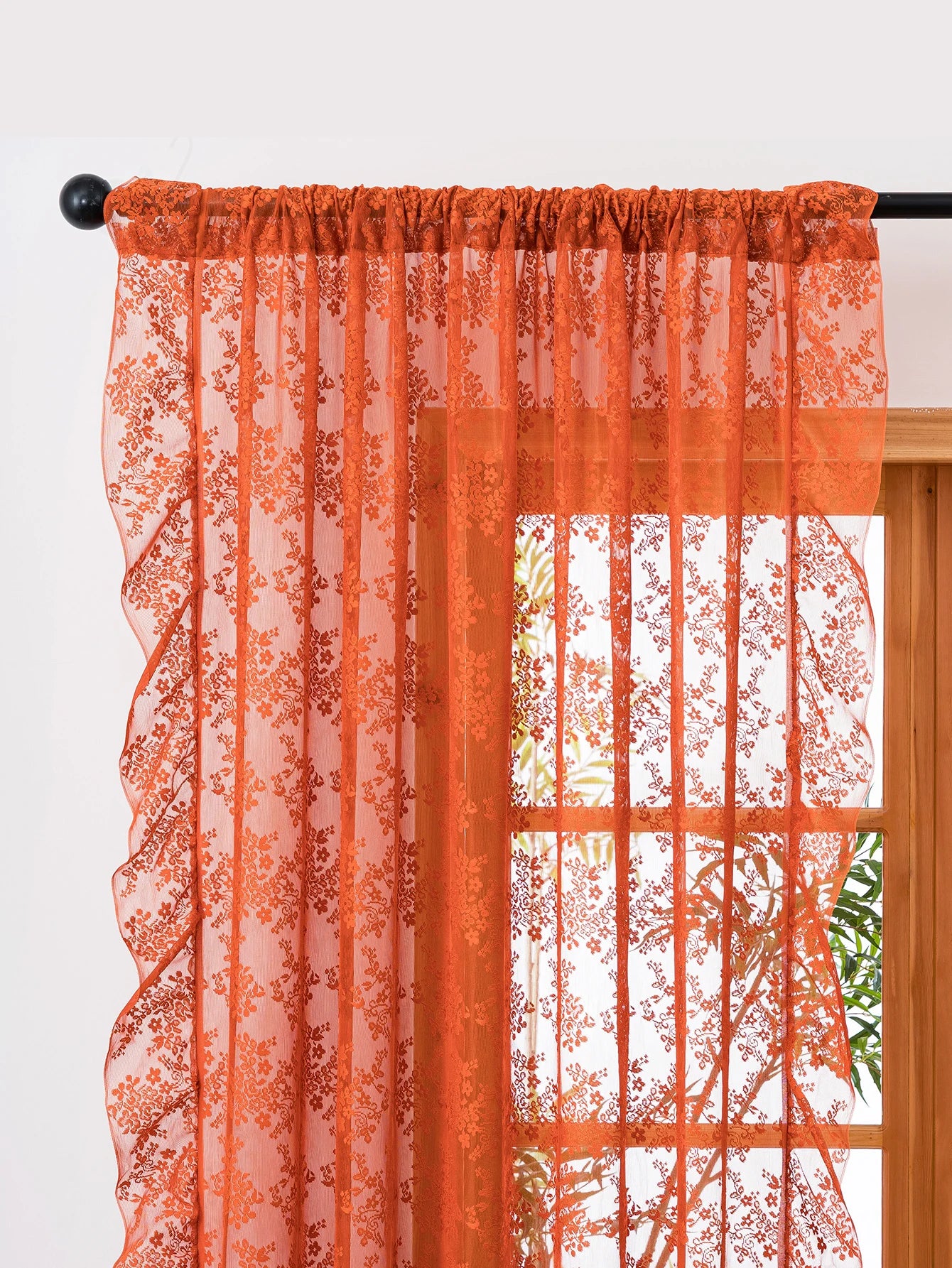 Premium Boho Burnt Orange Sheer Curtains - Vintage Floral Lace Window Treatments with Scalloped Edge