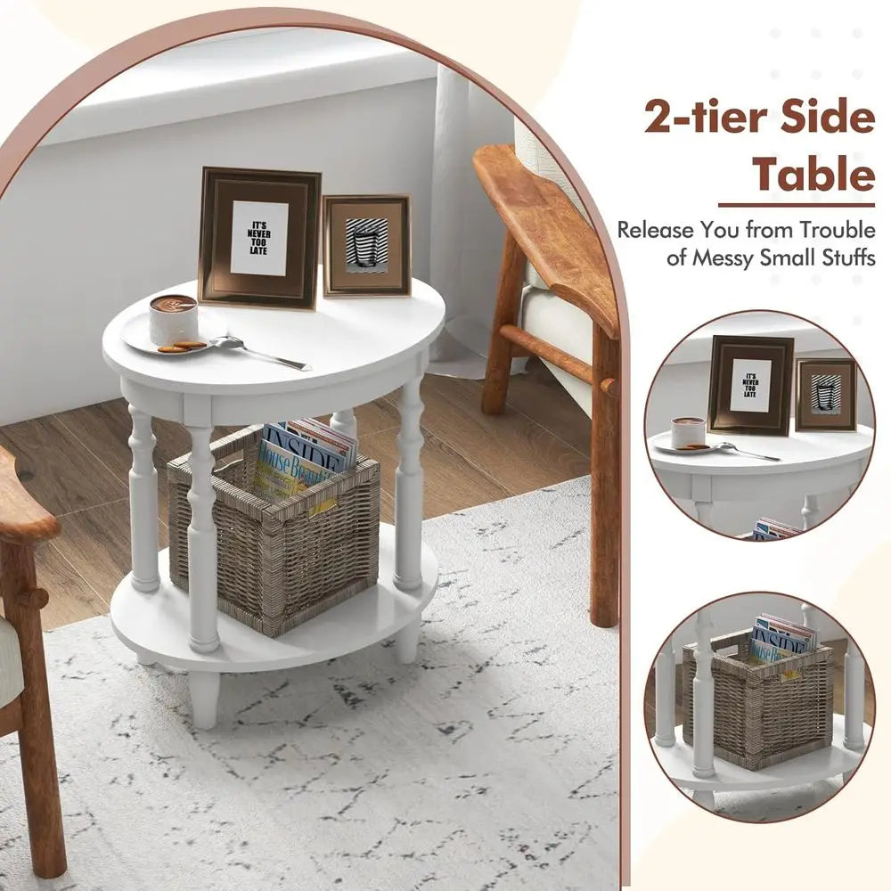 2-Piece Oval End Table Set | 2-Tier Storage Side Tables with Solid Wood Legs | White