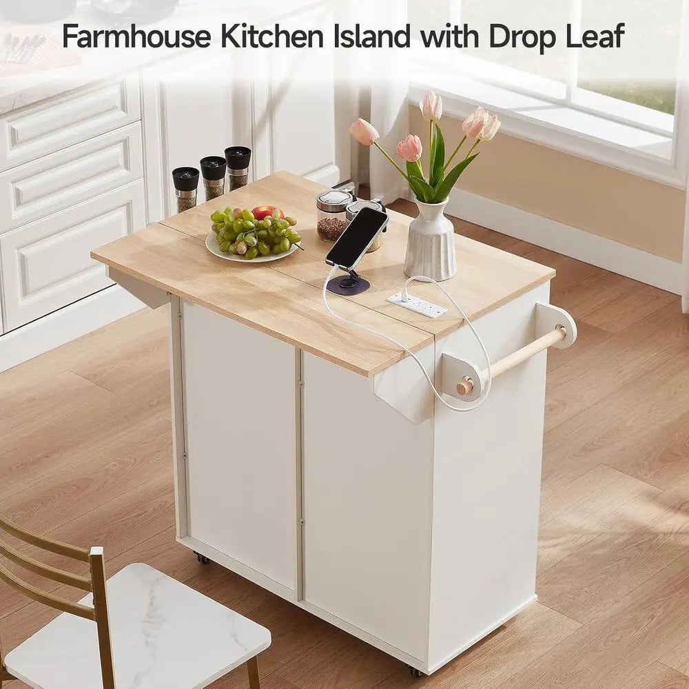31.5" Kitchen Island with Drop Leaf, Power Outlet & Sliding Barn Door | 3 Drawers, Spice Rack & Towel Bar