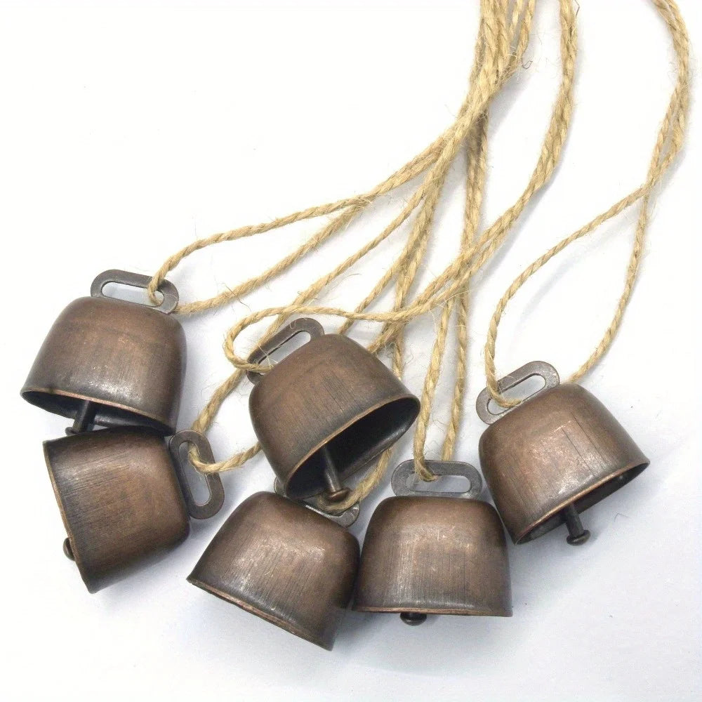 4Pcs Vintage Bell Pendant Rustic Metal Hanging Decorative Bell with Jute Rope Vintage Wind Chimes Wall Hanging Home Decor