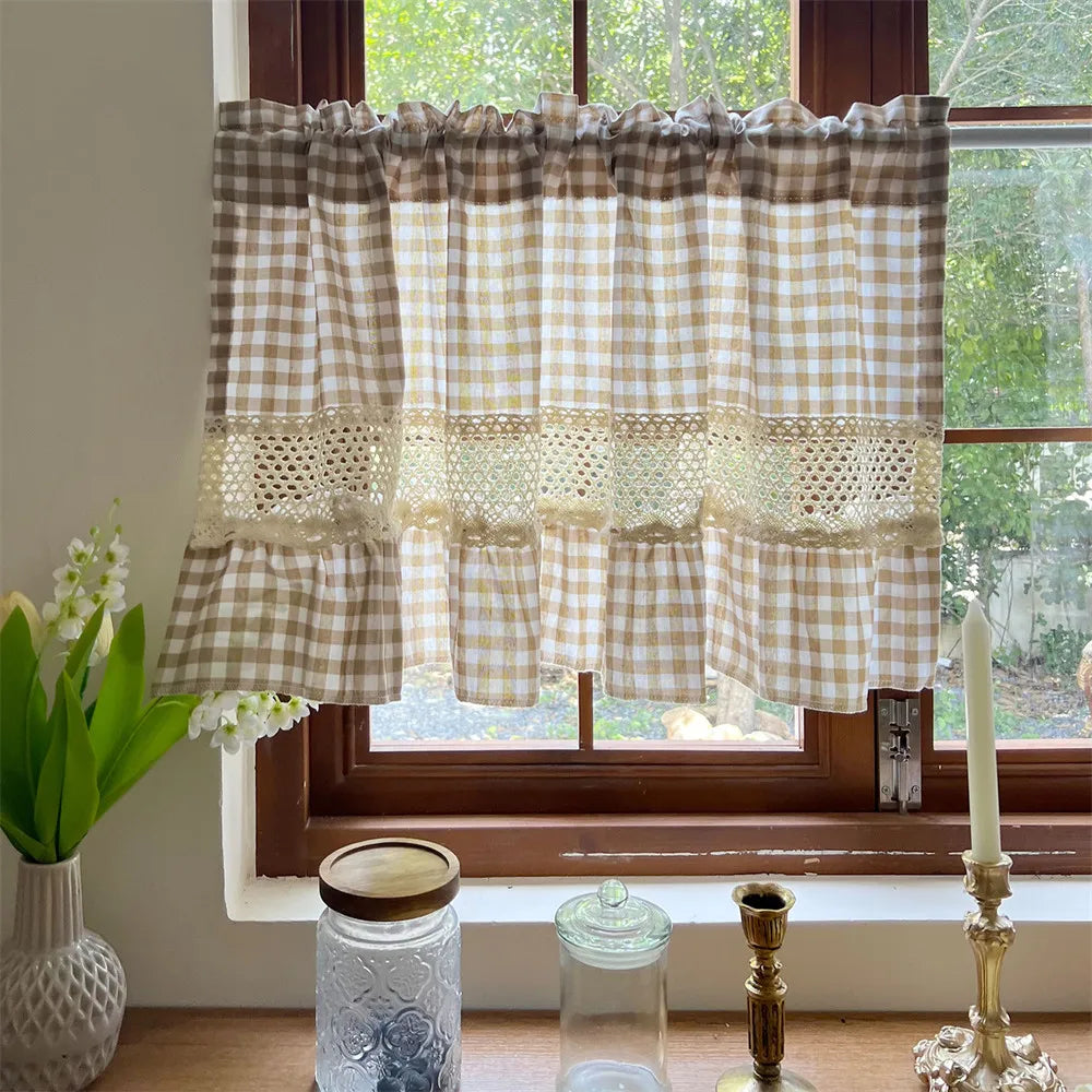 Beige Gingham Crochet Lace Cafe Curtain