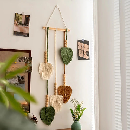 1 PCS Tassel Bohemian Style Wall Decoration Tapestry, Woven Colorful Leaf Wood Bead Background Wall Headboard Hanging Decoration