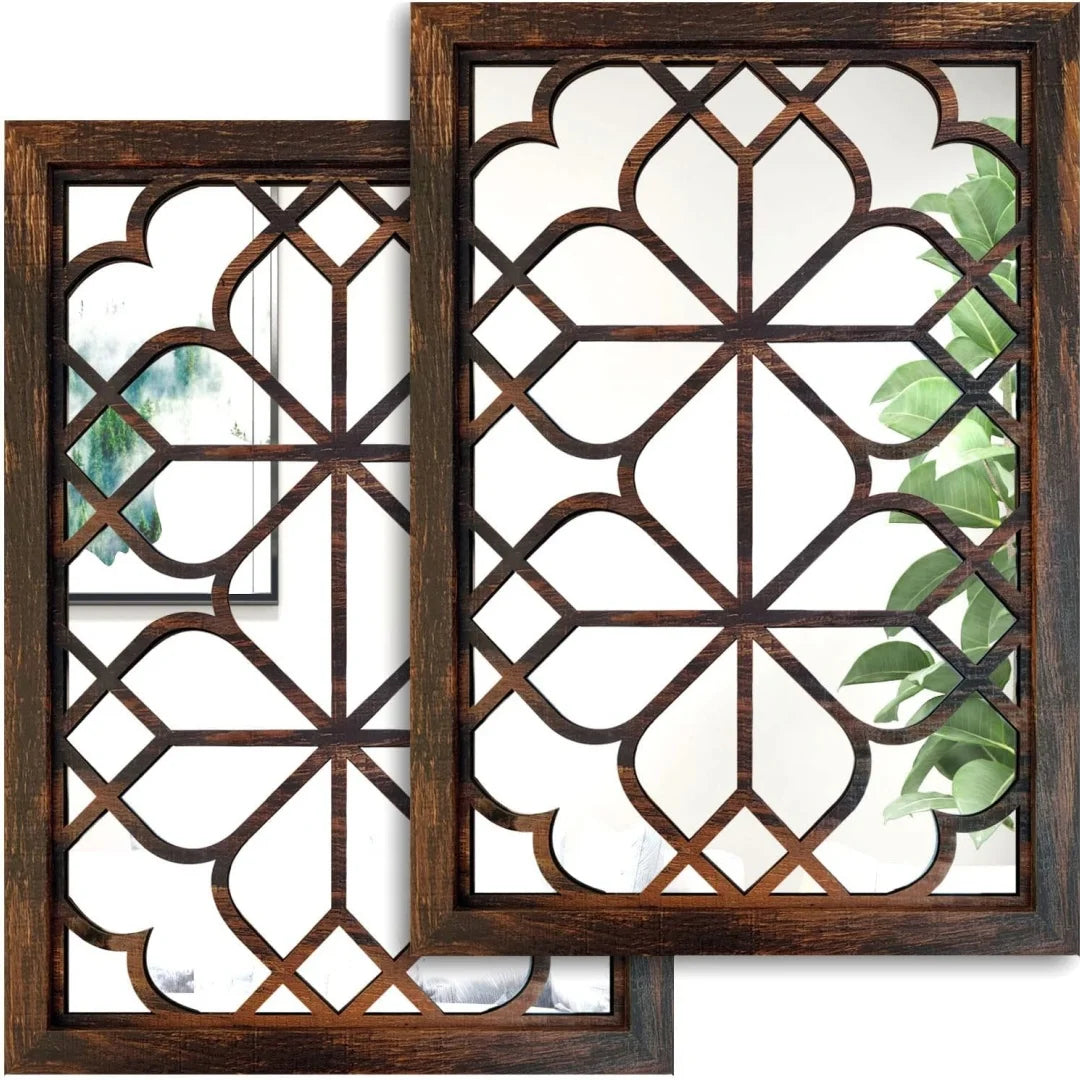 Retro Wooden Acrylic Wall Mirror – Set of 2