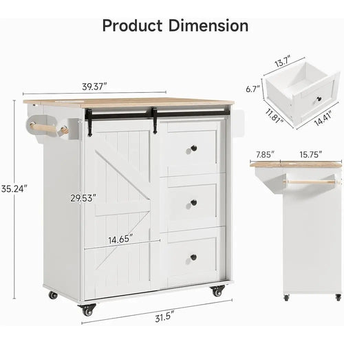 31.5" Kitchen Island with Drop Leaf, Power Outlet & Sliding Barn Door | 3 Drawers, Spice Rack & Towel Bar