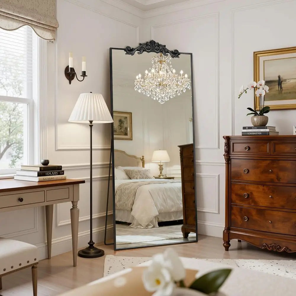 65" x 22" Large Arched Floor Mirror | Black | Bedroom, Living Room & Cloakroom