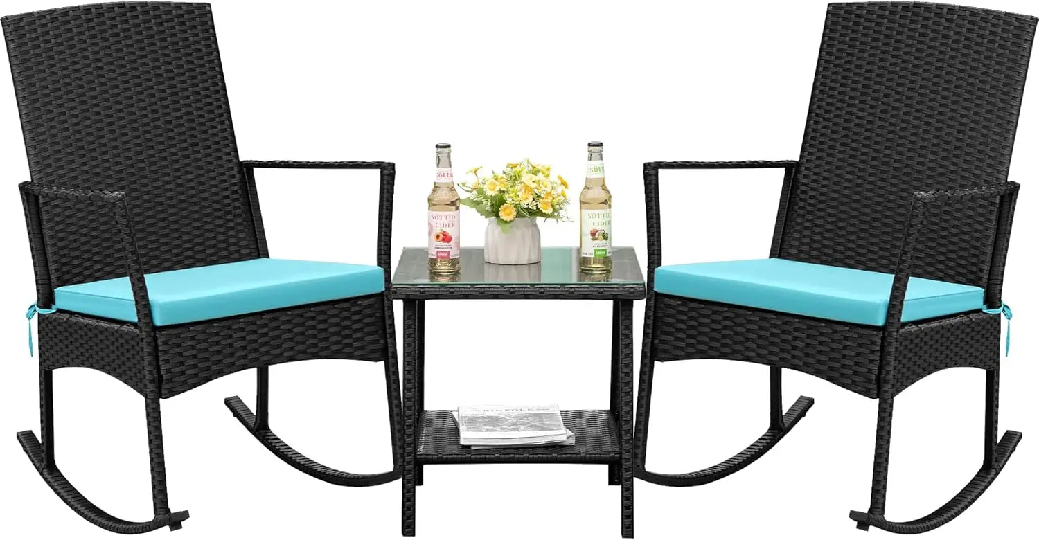 Flamaker Rocking Chair Outdoor PE Rattan Patio Chairs Glass Table High Back Porch Rocker for Balcony Garden Backyard (Beige)