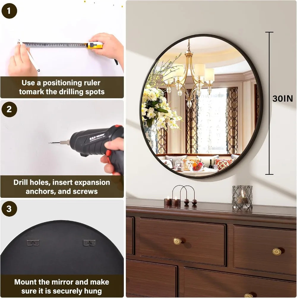 30" Round Wall Mirror | Matte Black Metal Frame for Bathroom, Entryway & Living Room
