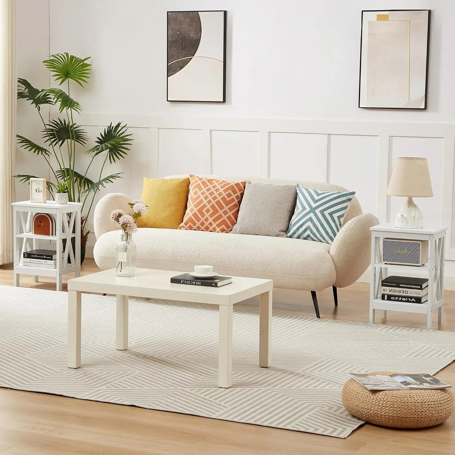 End Table Set of 2 | 24" Tall White Nightstand with 3-Tier Shelves