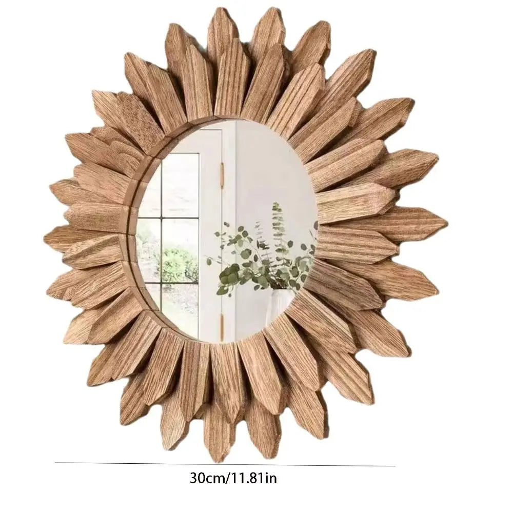 12" Rustic Wooden Farmhouse Mirror | Round Wall Mounted Vanity Mirror