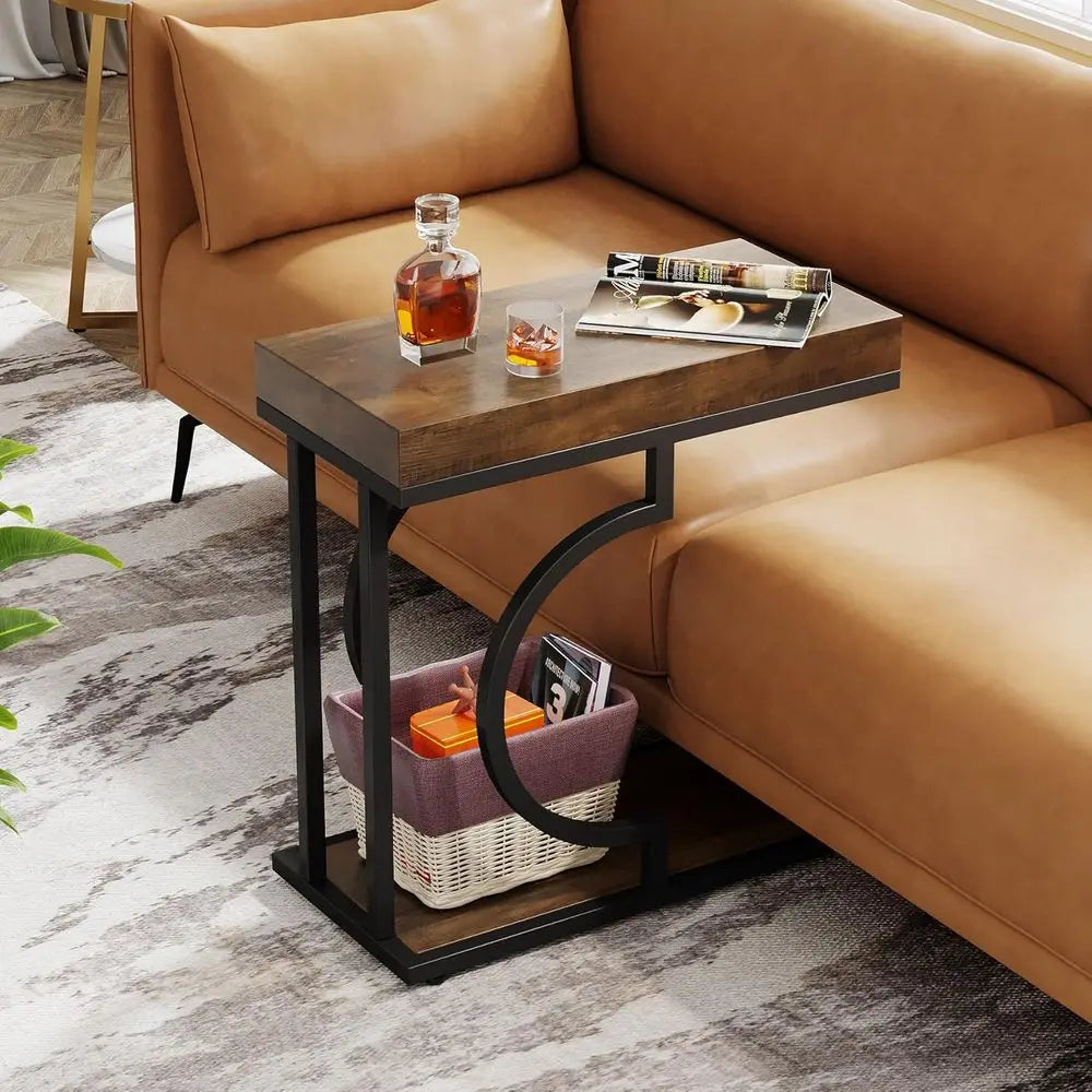 C-Shaped Narrow Side Table | Brown & Black Metal Frame | Bedside & Couch Table