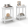 2-Piece Oval End Table Set | 2-Tier Storage Side Tables with Solid Wood Legs | White