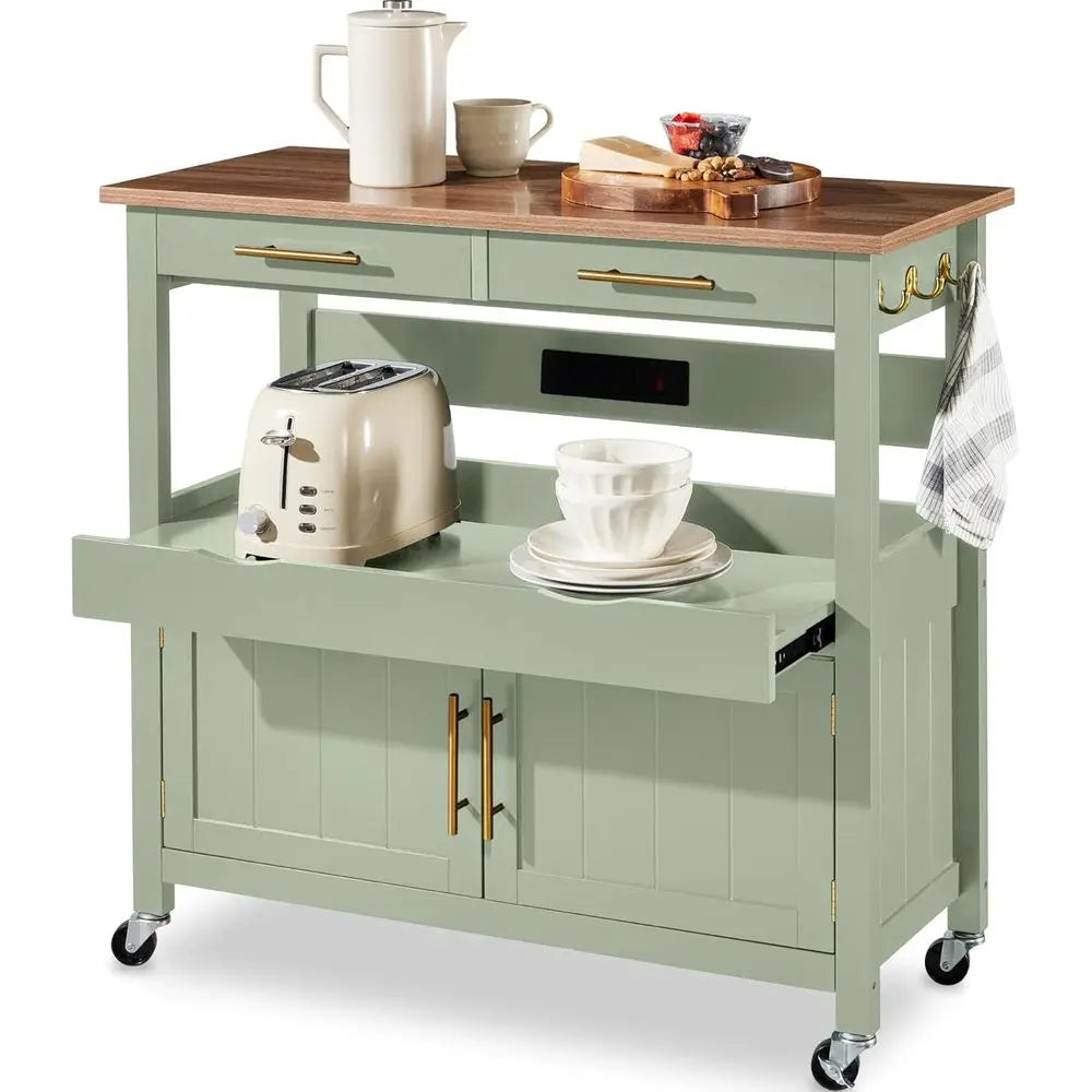 36" Rolling Kitchen Island Cart with Cabinet, Drawers, Pull-Out Shelf & Power Outlet | Lockable Wheels