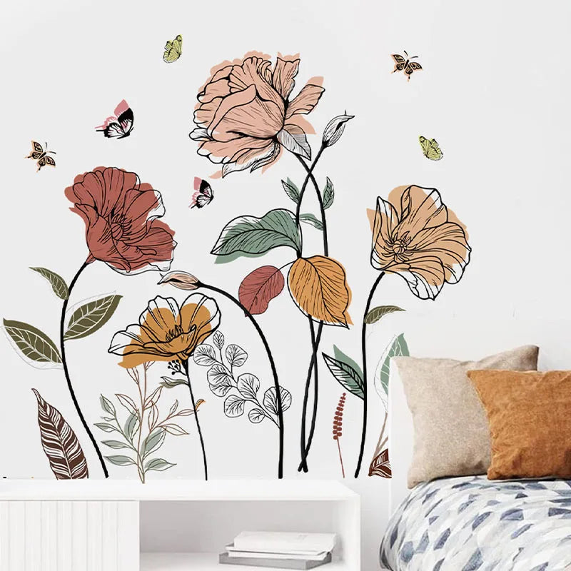 1 Set Bohemian Flower Wall Stickers, Wild Flowers, Grasses, Fruits And Leaves, And Stick-on Wall Art Decals, For Living Room, Be