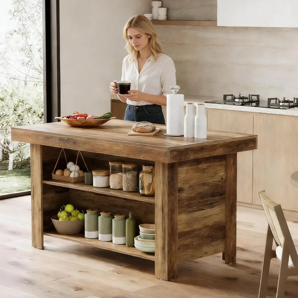 55" Kitchen Island with Storage, 3-Tier Farmhouse Stationary Table, Large Worktop, Rustic Brown