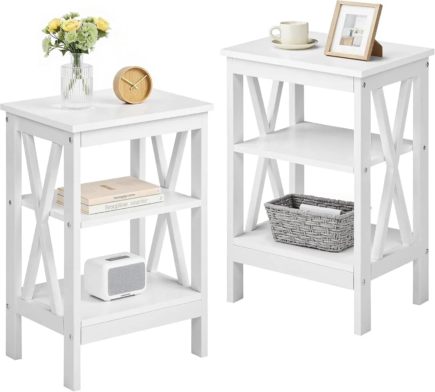 End Table Set of 2 | 24" Tall White Nightstand with 3-Tier Shelves
