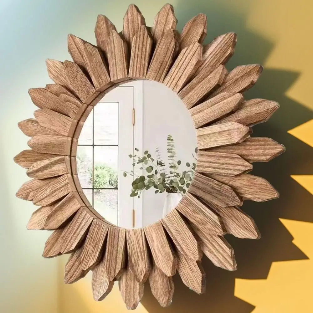 12" Rustic Wooden Farmhouse Mirror | Round Wall Mounted Vanity Mirror