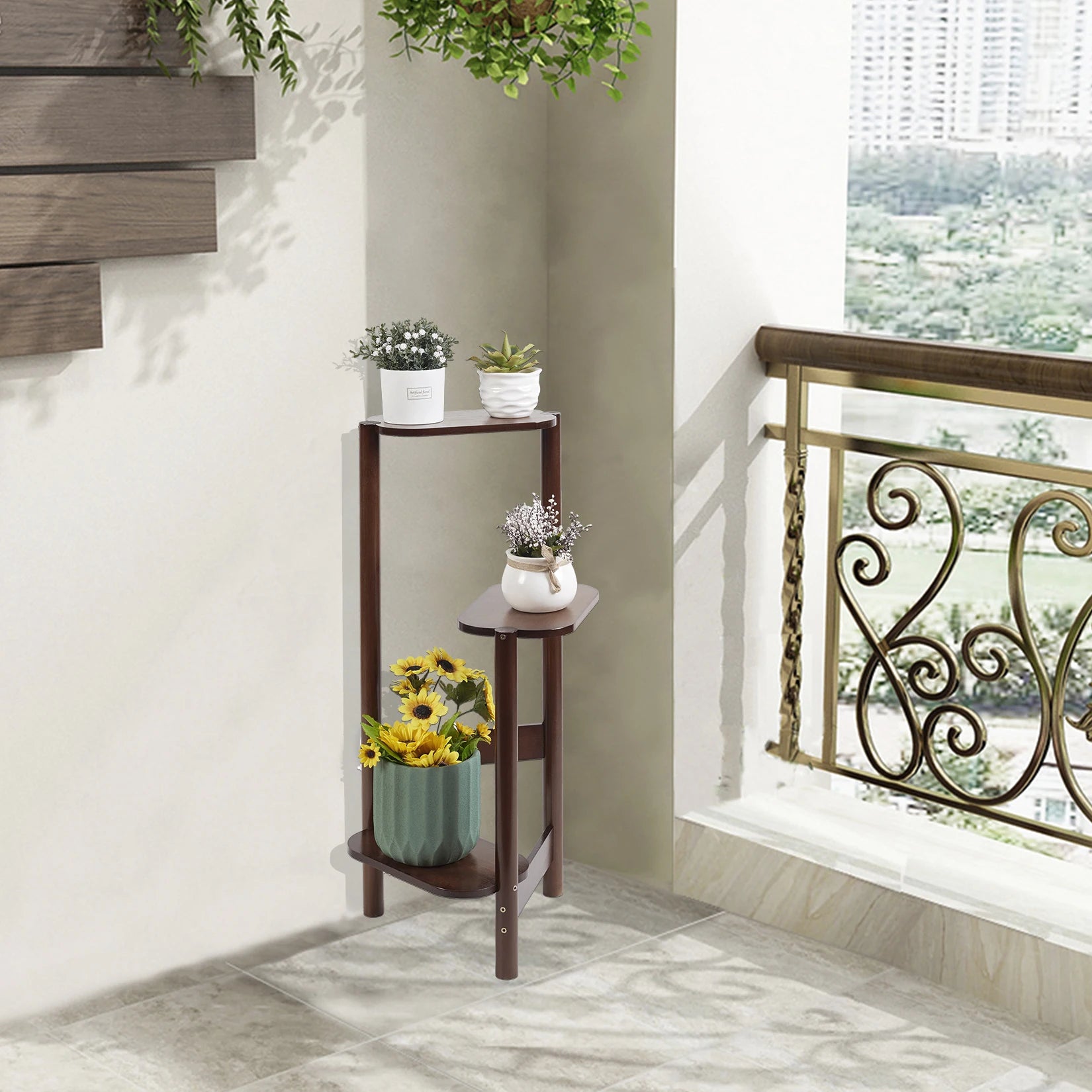 3 Tier Bamboo Tall Corner Plant Rack Planter Stand Flower Pot Holder Storage Rack for Balcony Garden