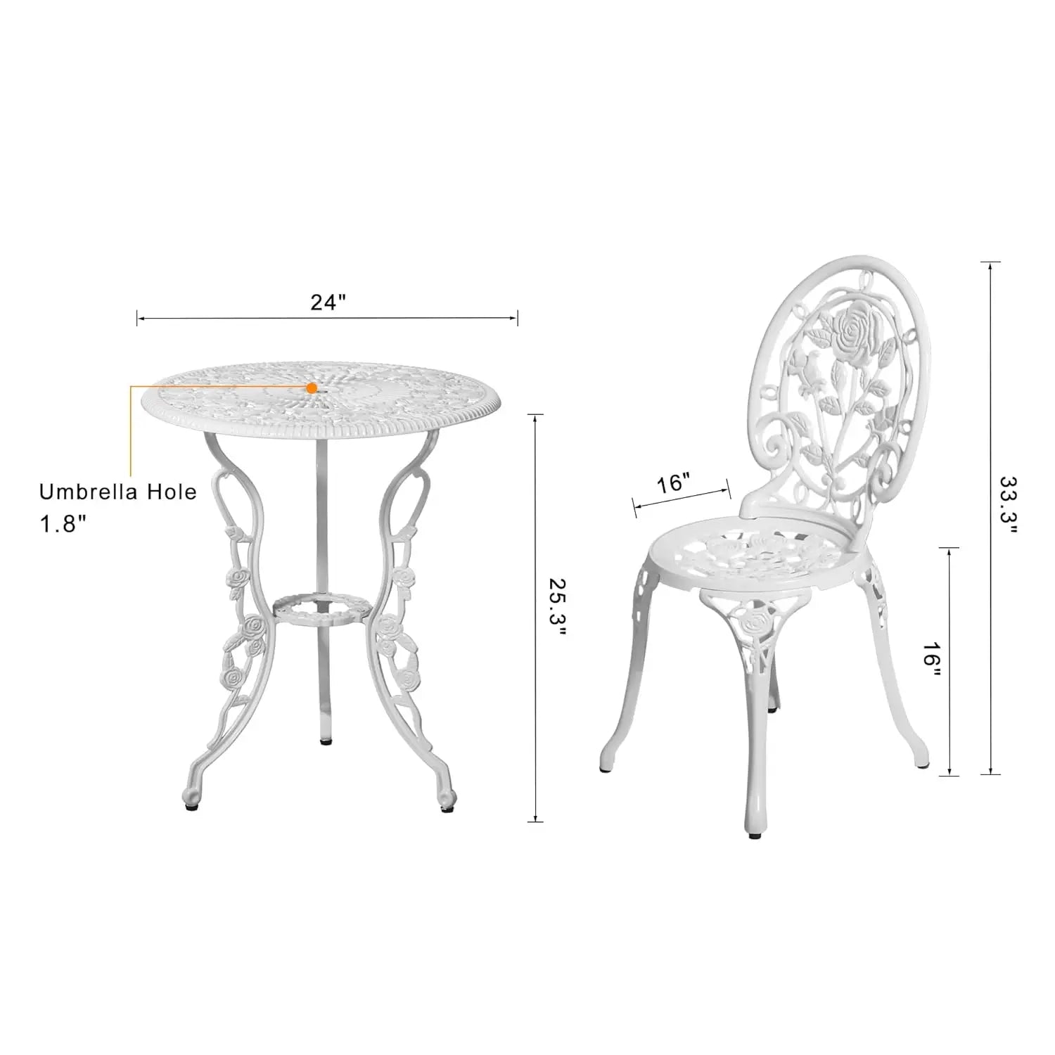 Rose Pattern Cast Aluminum Bistro Set – 3 Piece