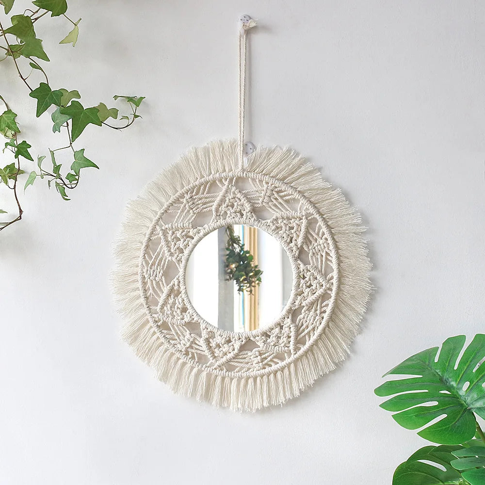 Boho Macrame Hanging Mirror | Handwoven Wall Decor for Bedroom, Living Room & Entryway
